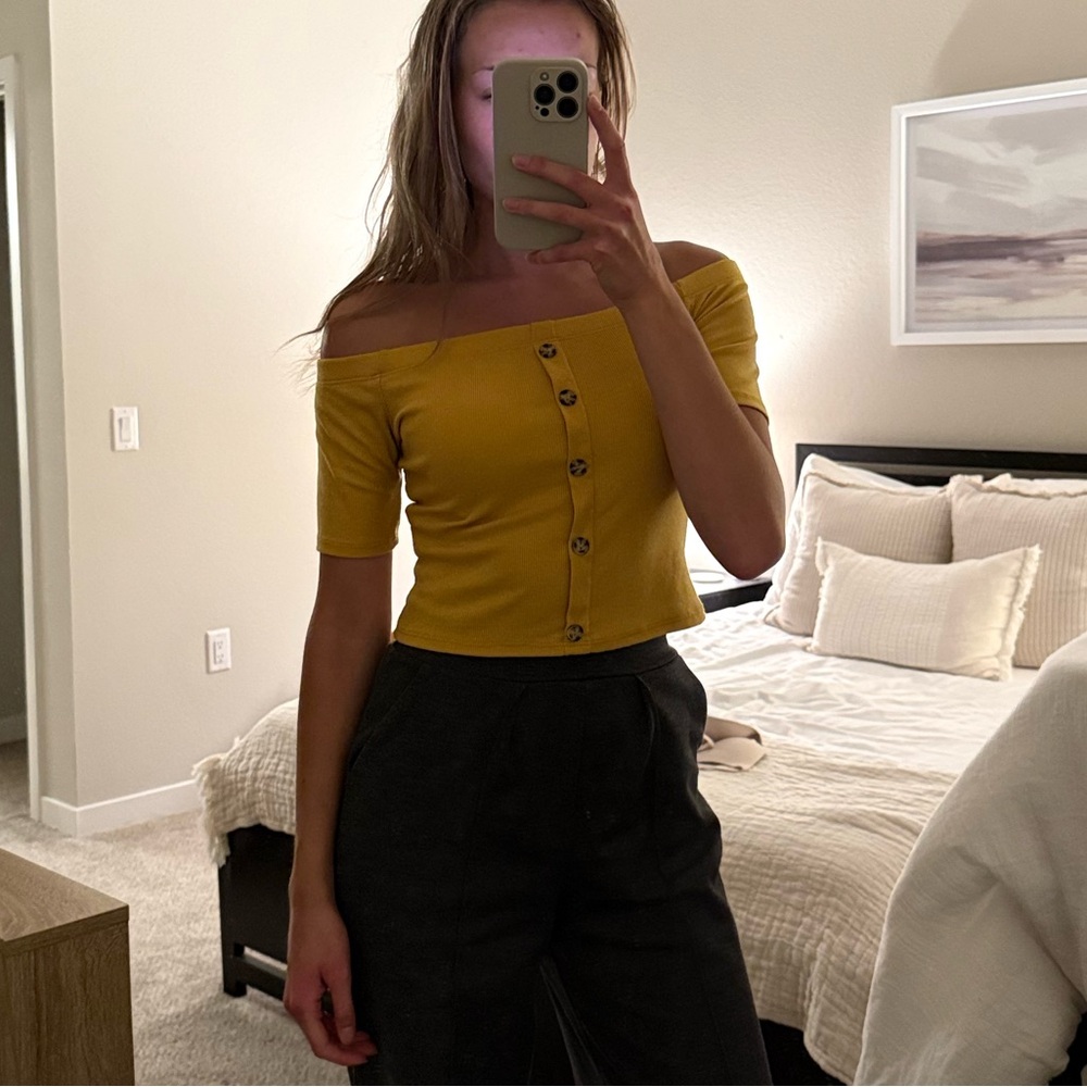 Yellow Off-Shoulder Button Down Women's Top